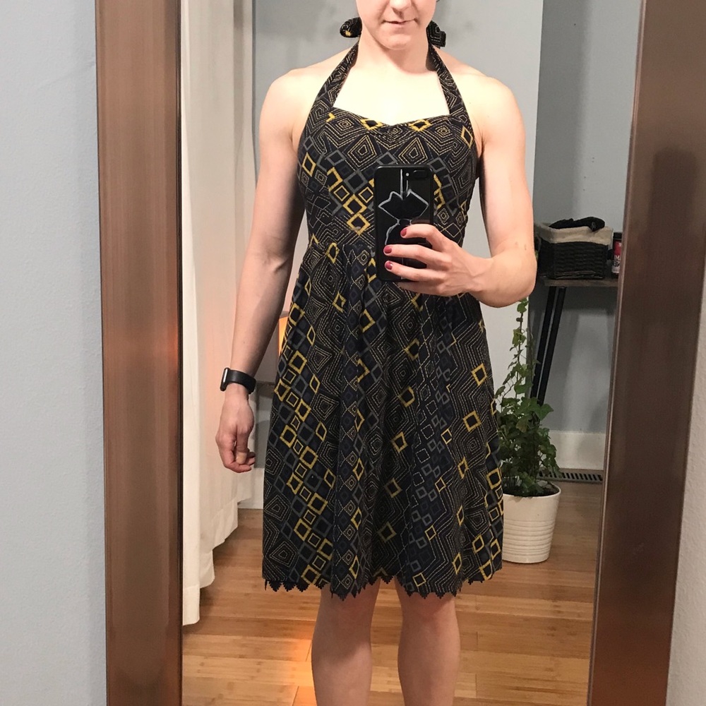 Anthropologie navy blue halter fit and flare dress